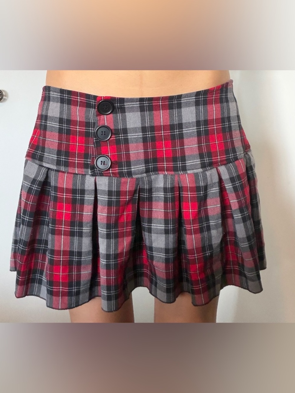Mariposa Red and Gray Plaid Pleated Mini Skirt